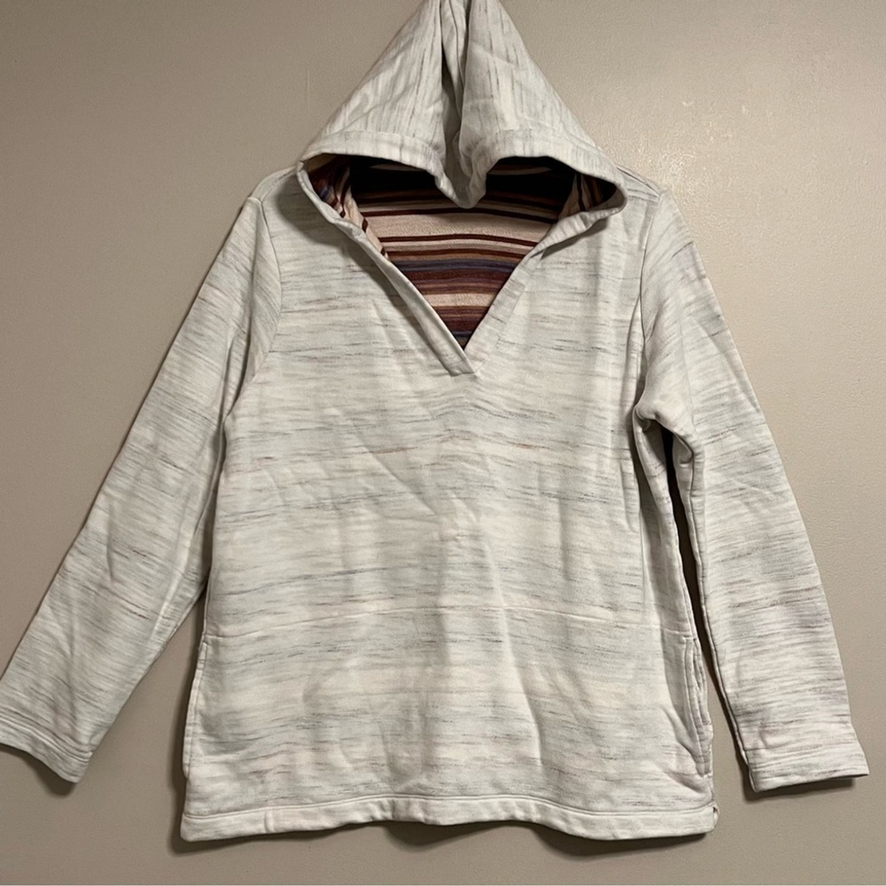 Pure J Jill V Neck Striped Hoodie - Cream Pale Pink Size M